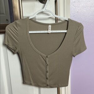 Aritzia Olive Green Button-Up Scoop Neck Crop Top